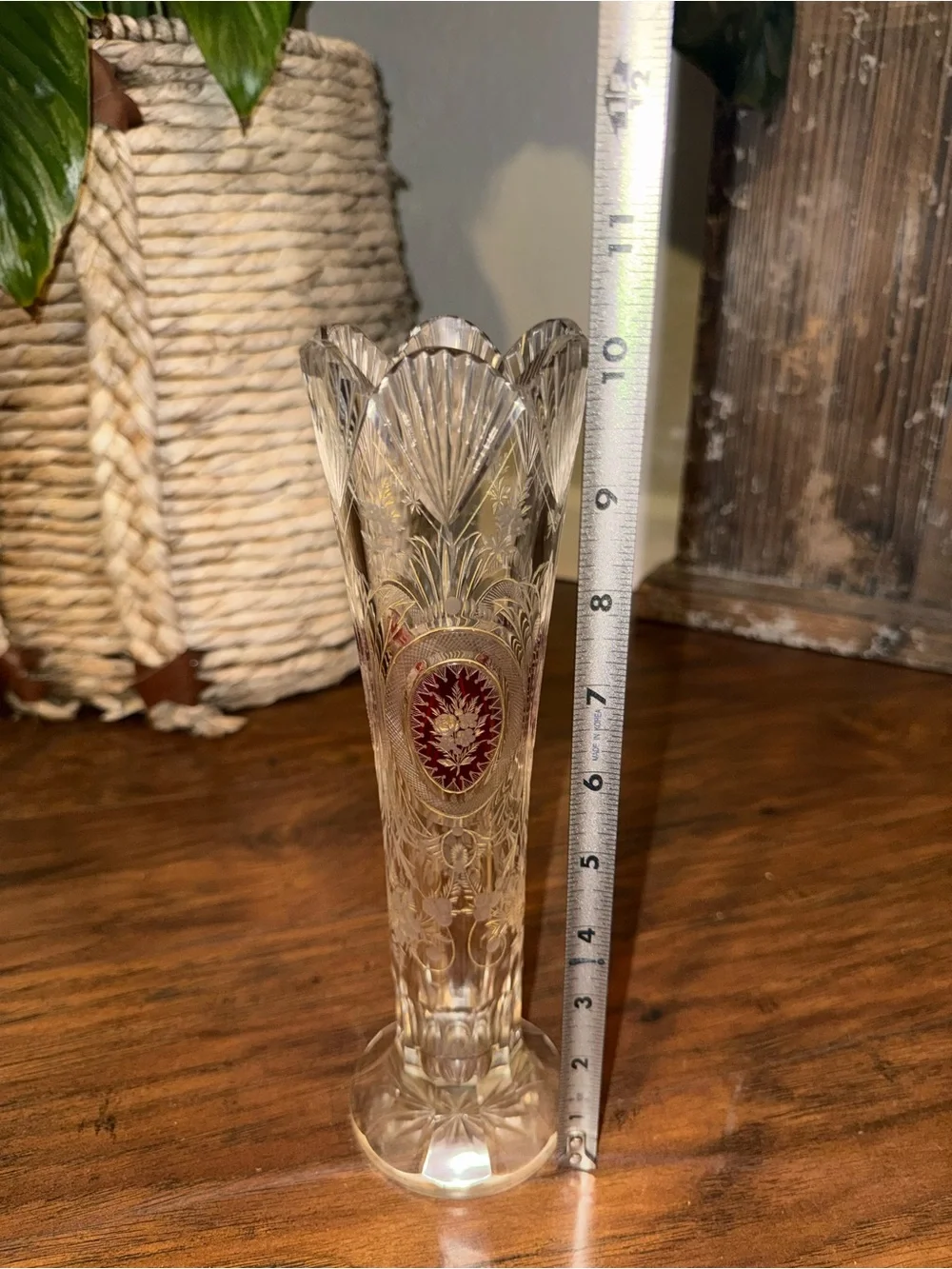 Vintage Bohemian Czech Crystal Vase Ruby Flash Gold Gilt Floral 10” Vase (Rare)
